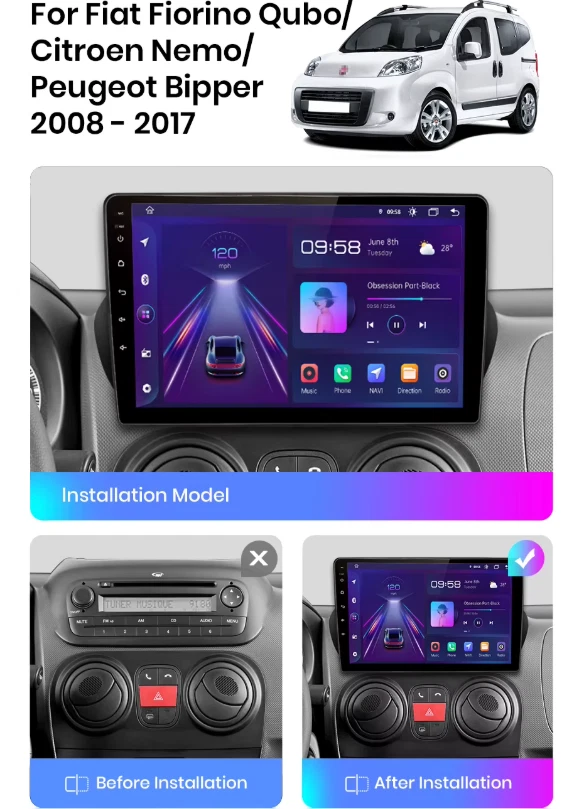 10" Autoradio Android Fiorino Qubo Nemo Bipper 2008-2017 Wifi BT Navi Carplay - Immagine 1 di 1