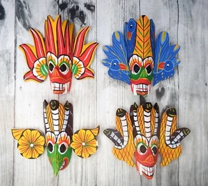 4 Set of Exquisite Handmade Traditional Sri Lankan Wooden Mask Art Sculpture 4" - Picture 1 of 7