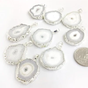 Weiß Druzy Achat Anhänger Natur Edelstein grob rund mit Kaution Charm silberrandig - Bild 1 von 8