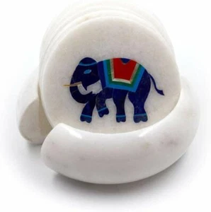 Marble Tea coaster set semi precious stones inlay Art Handmade Home Room Decor - Picture 1 of 3