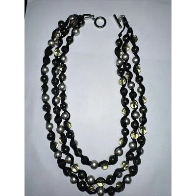 Multi Strand Statement Ribbon Necklace with Silver Black Clear Glass Beads 22" - Image 1 of 4