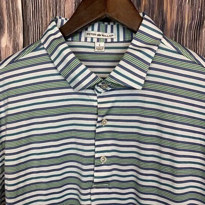 Peter Millar Men Ace Club Logo White Cotton Polo Stripe Short Sleeve Shirt Large - Image 1 of 4