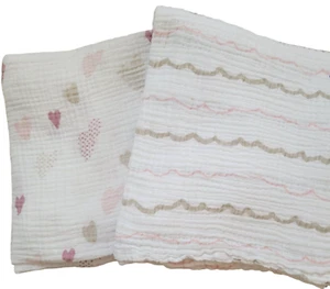 (2) Aden + Anais Pink & Tan Hearts & Stripes Baby Blankets Large Swaddle Muslin - Picture 1 of 3