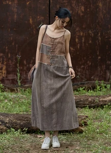 Vestido largo de lino de algodón línea A vintage para mujer sin mangas informal vestido de bolsillo - Imagen 1 de 18