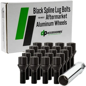 Black M12x1.25 Lug Bolts | Aftermarket Wheels | Spline | 27mm | Set of 20 - Picture 1 of 7