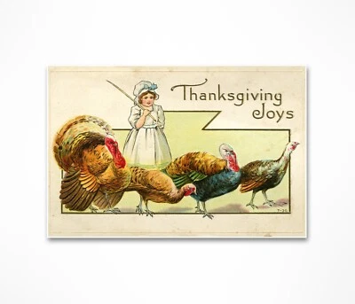 Винтажное украшение на День благодарения художественная гравюра - маленькая девочка с индейками - Изображение 1 из 4
