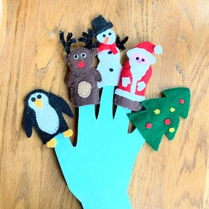 Christmas Finger Puppets Set 5 pcs santa snowman rudolph penguin tree felt gifts - Picture 1 of 12