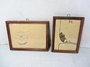 2 pequeñas imágenes originales 1978 de Barbara Milne arte animal búho, oruga y cerdo - Imagen 1 de 12
