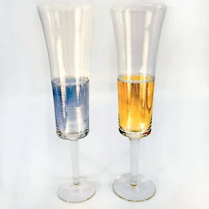 2 Antique Champagne Glasses Flared Hand Blown Etched Flutes Blue Yellow - Picture 1 of 5