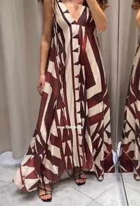 NWT H&M A-line Voluminous Maxi Dress Rust Red/patterned 1294545001 XS,S,M,L,XL - Picture 1 of 7