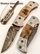 Custom Damascus Folding Knife with camelbone handle push loack Engraved Bolster