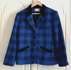 Pendleton Vibrant Blue Plaid Wool VTG Jacket Velvet Trim Pockets Size UK 12 VGC - Picture 1 of 4
