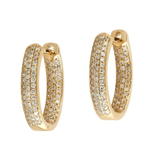 18k Solid Yellow Gold Natural Diamond Hoop Earrings Handmade Fine Jewelry - Picture 1 of 4