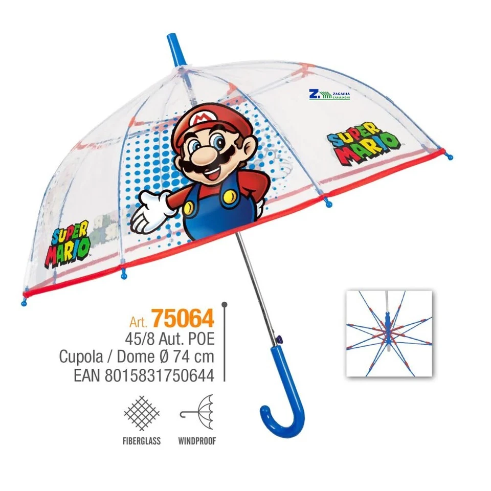 OMBRELLO PIOGGIA BIMBO AUTOMATICO SUPER MARIO A CUPOLA POE TRASPARENTE - Immagine 1 di 1