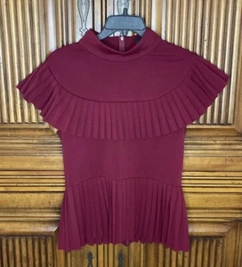 Gracia Womens Top Medium Red Wine Peplum Smocked Pleated Office Career - Picture 1 of 13