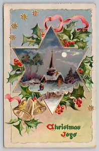 Tuck Christmas Snows Series, Church Full Moon, Star of David, Bells UNP Postcard - Picture 1 of 3