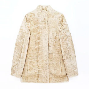 Atemberaubender Lammfell Wolle Lammfellmantel Lammfelljacke Stehjacke Beige Natur S M - Bild 1 von 12