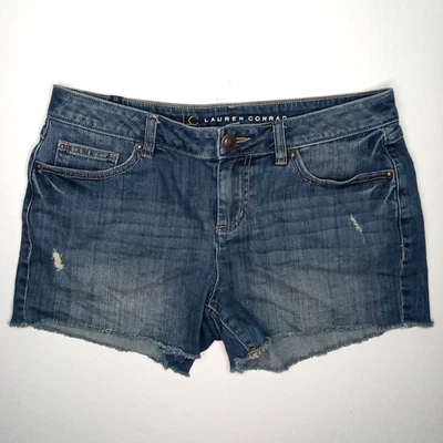 Lauren Conrad Denim Shorts Women Sz 10 Dark Wash Blue Raw Hem Distressed Stretch - Image 1 of 4
