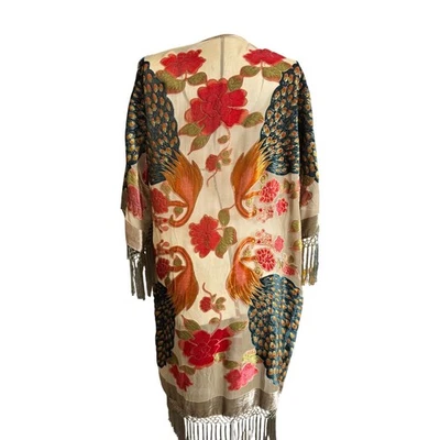 Vintage Dalin One Size Silk Blend Kimono Cardigan Peacock Floral Fringe - Image 1 of 4