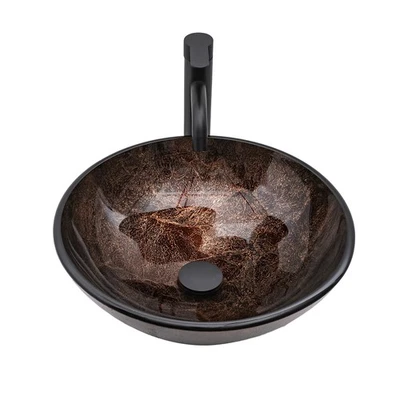 Fregadero de baño artístico de vidrio templado con grifo negro y pop- Foto 1 de 4