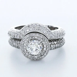 3.2CT Natural Diamond E/SI2 Round Cut 14K Gold Prong Vintage Side-Stone Ring Set - Picture 1 of 4
