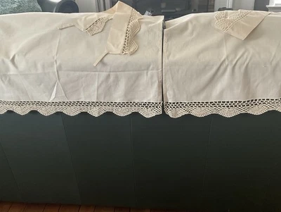 Ecru Farmhouse Tie Back CAFE TIER Panel Curtain 29” W X 25” L (x 2) Crochet Edge - Image 1 of 4