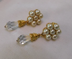 Napier Crystal Faux Pearl Drop Clip on Earrings Vintage Signed - Picture 1 of 5