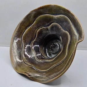 Ikebana Stoneware Flower Pin Frog Vase Pedestal Artisan Green Brown Signed 7.5"D - Picture 1 of 22