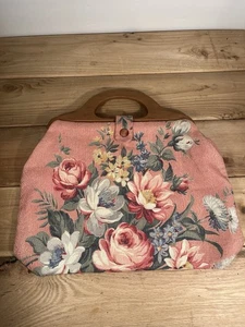 Blumen Gobelin Tasche Vintage Stricktasche Holzgriffe CottageCore GrandmaCore - Bild 1 von 13