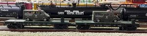 Menards~O Gauge~ US Army Flatcars W/US Army Vehicles Compatible W/Lionel & MTH!￼ - Picture 1 of 4