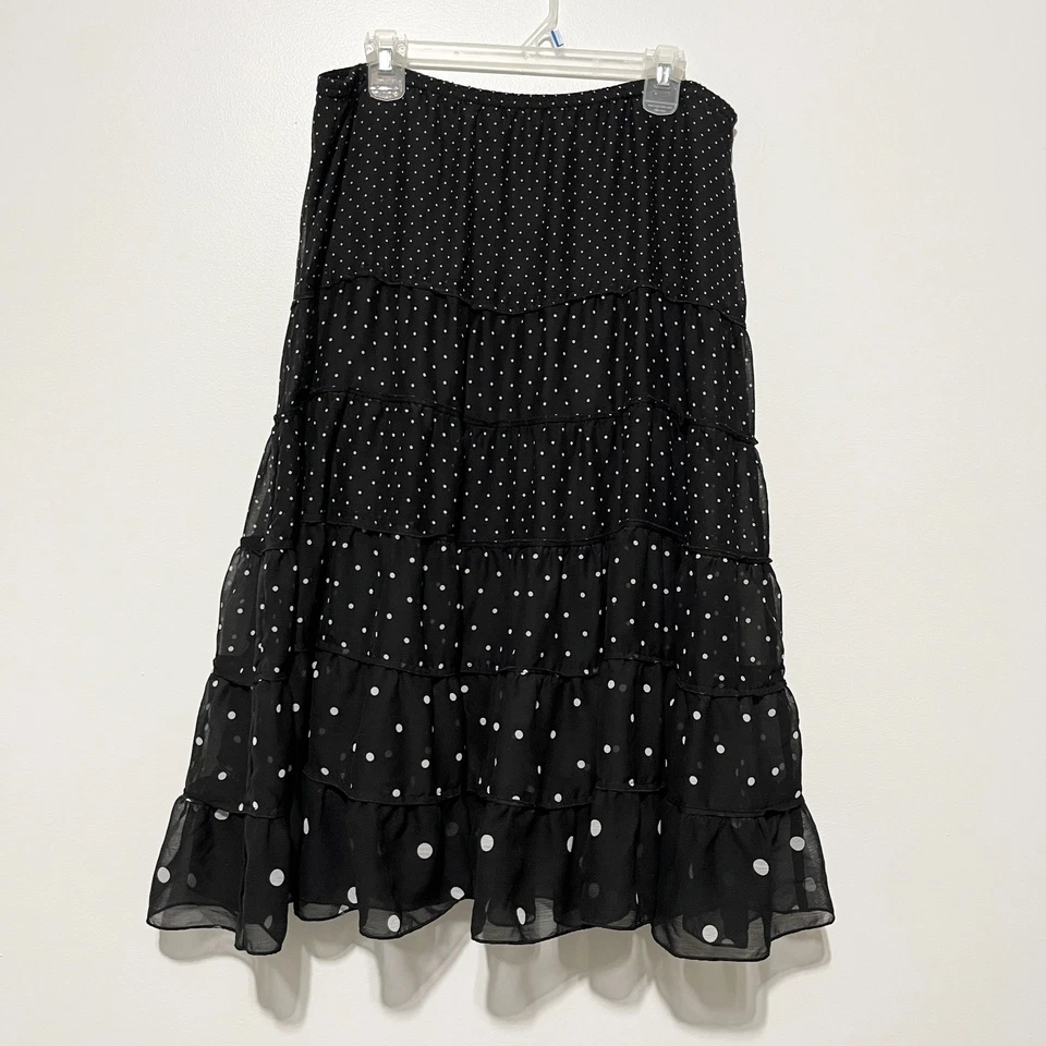 Christopher & Banks Womens Tiered Midi Skirt Sz L Black Polka Dot Romantic Goth - Image 1 of 4