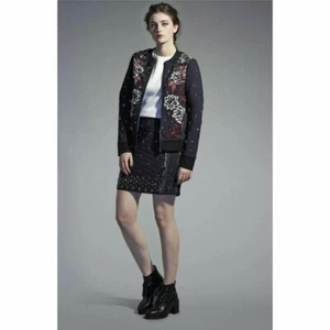 Anhha womens floral embellished full zip navy bomber jacket pockets size L - Picture 1 of 7
