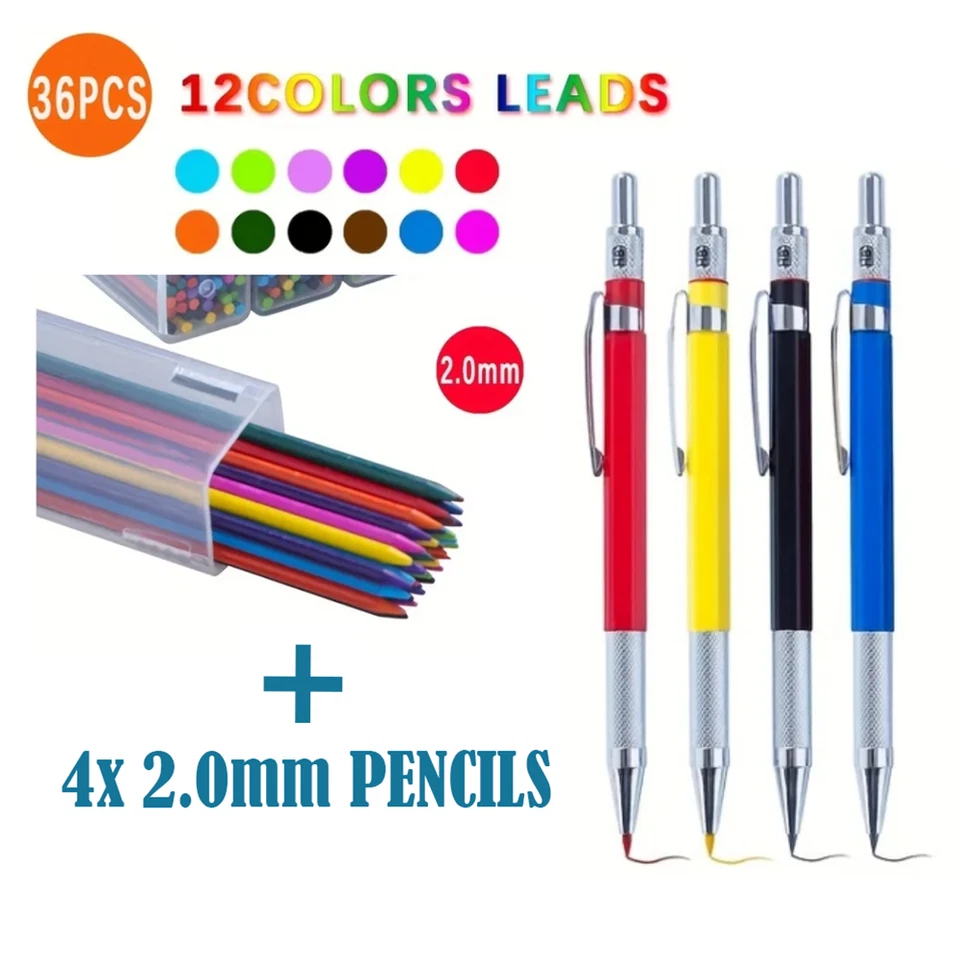 Четыре 2,0 мм свинцовый держатель механические карандаши и 36 цветных заправок, точилка в колпачках - Изображение 1 из 4