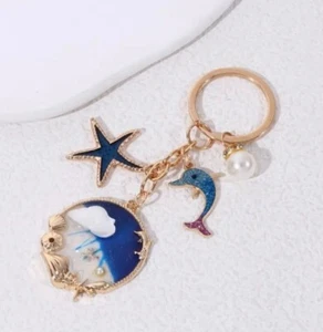 Glitter Dolphin Starfish Shell Pearl Charm Keychain Key Ring Bag Backpack - Picture 1 of 3