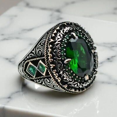 Anillo de circón verde esterlina 925 para hombre, joyería de regalo turca hecha a mano todos los tamaños Foto 1 de 4