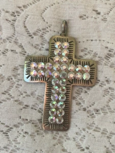 Large Silver Tone Cross Pendant Southwestern Design Rhinestone Beaded White - Picture 1 of 4