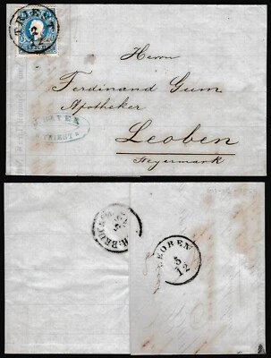 Austria Cover 1859 15kr 1859 from Trieste J Bayer via B:H:Bruck to Leoben Z591 - Image 1 of 3