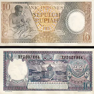Indonesia 10 Rupiah 1963, REPLACEMENT Prefix XFZ, aUNC/UNC , P-89r - Picture 1 of 3