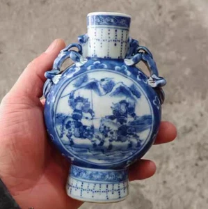 Nice Beautiful Chinese Hand Painting Blue&white Porcelain Figure Flat Vase - Picture 1 of 5