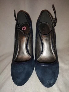 Audrey Brooke Navy Blue Suede Leather Trim Ankle Strap Pumps Size 9 - Picture 1 of 7