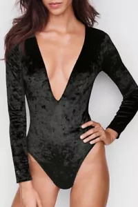 Victoria’s Secret Plunge V-Neck Crushed Velvet Black Open Back Bodysuit Size M/L - Picture 1 of 7