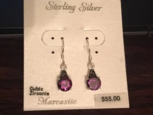 Lila Amethyst Zirkonia, Markasit, Sterling Silber Ohrhänger. - Bild 1 von 3