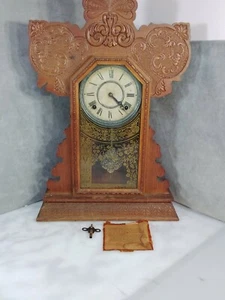 Antique E. Ingraham Oak Gingerbread Kitchen Parlor Mantle Gong Chime Clock - Picture 1 of 12