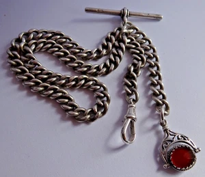 Schöne antike massive Silber Taschenuhr Albert Kette mit Edelstein besetzt Drehanhänger - Bild 1 von 10