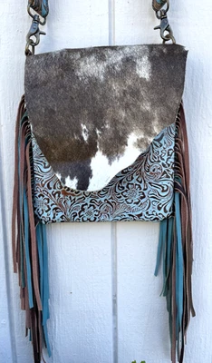 Myra Tooled Leather & Hairon Bag Crossbody Festival Fringe Western Boho - Image 1 of 4