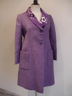 Женские S M 1980-х Geoffrey Beene пальто черный фиолетовый клетку пейсли шаль воротник - Изображение 1 из 4