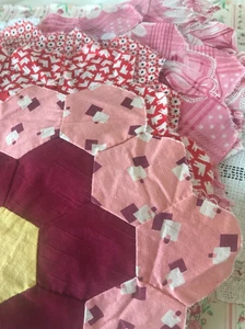 Vintage Quilt Squares Grandma Flower Garden Hexagon Quilt Block Hand stitched - Picture 1 of 20