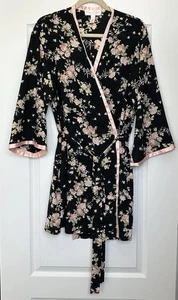 Oscar De La Renta Pink Label Short Robe Black Pink Floral Kimono Tie Size L/XL - Picture 1 of 11