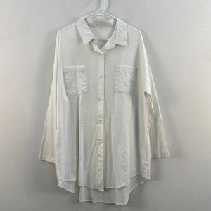 Womens Large Tunic Blouse Shirt Top White Curved Hem Woven Linen Cotton Button - Picture 1 of 11