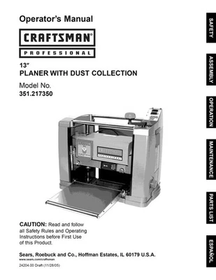 Owner's Manual & Parts List for Sears Craftsman 13” Planer - Model 351.217350 - Image 1 of 4